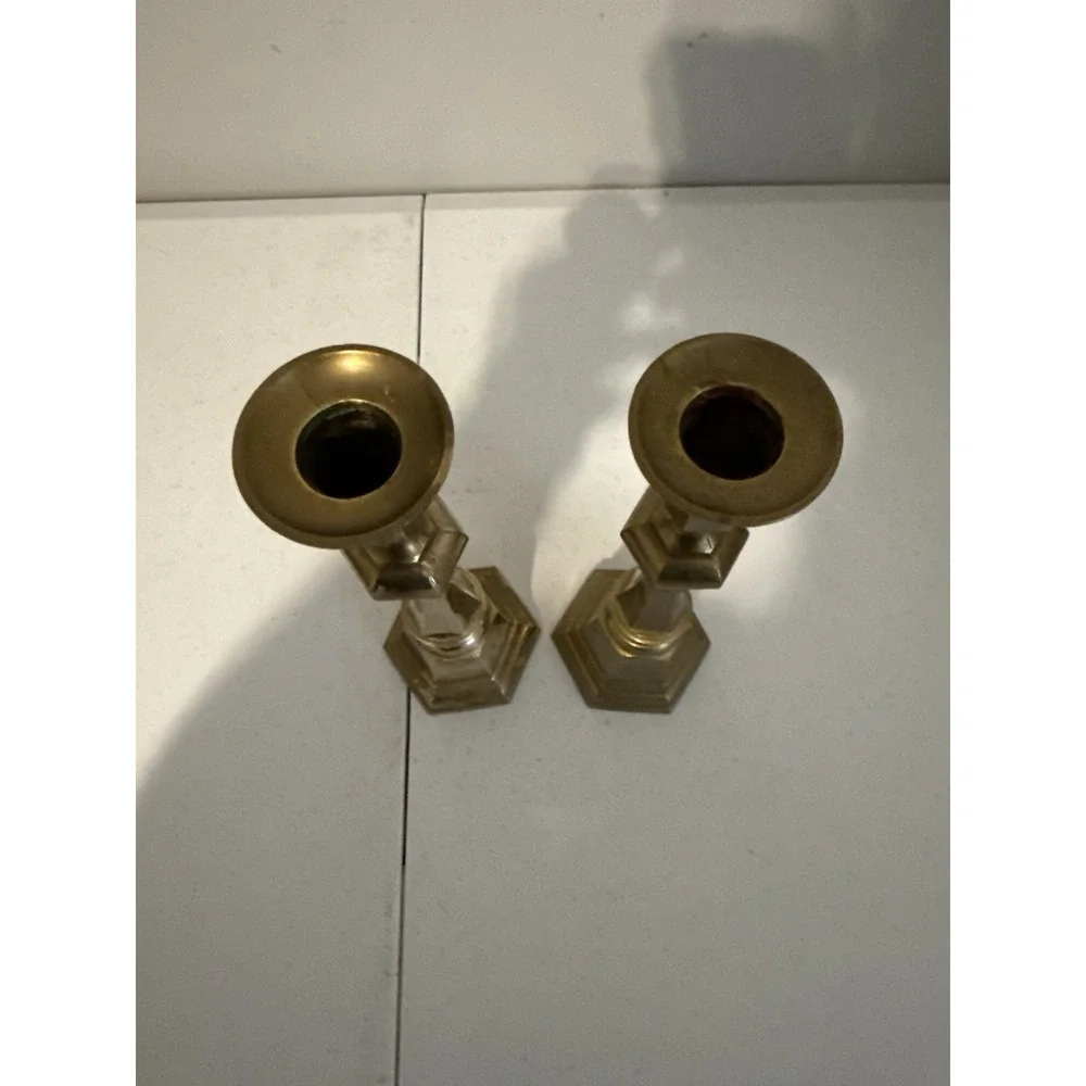 Vintage Pair‎ Faceted Brass Candlesticks Patina
